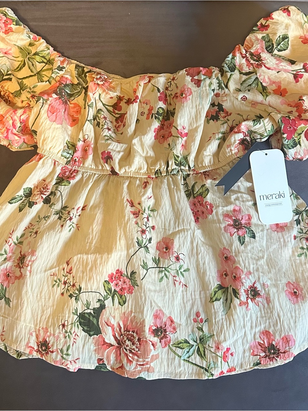 meraki Cream Floral Off-Shoulder women’s blouse with Pink Blossoms